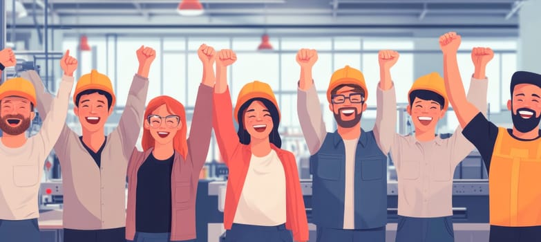 Diverse team of engineers and workers is raising their arms in celebration, expressing their joy and satisfaction in a modern factory setting