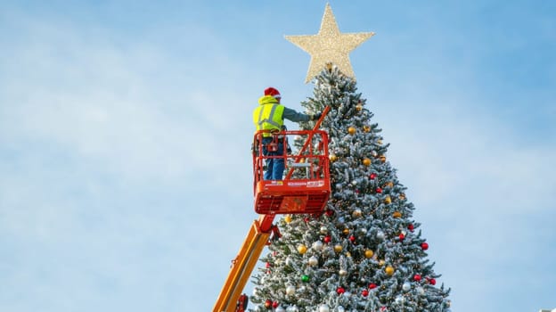 Construction worker is decorating a large christmas tree with a star on top