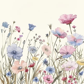 A vibrant display of wildflowers flourishes in a peaceful meadow, with pastel shades of pink, blue, and yellow against gentle green foliage, creating a calming spring atmosphere.