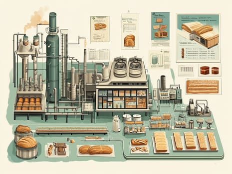 This detailed illustration displays the bread production process in a factory. It features various machines, baked goods, and production steps used to create loaves of bread.