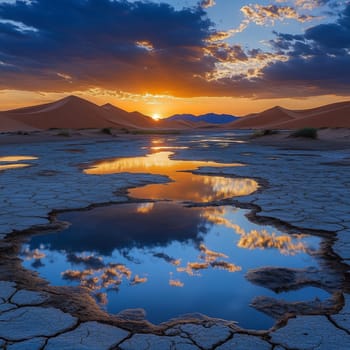 A breathtaking sunset reflects in small pools of water on a cracked desert floor, with a lone tree silhouetted against the colorful sky, blending the beauty of nature and the harshness of the desert.