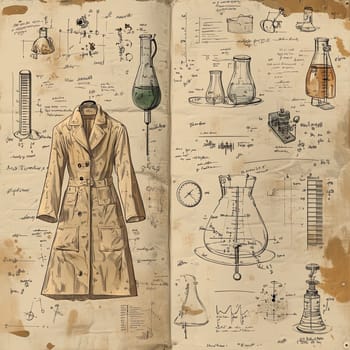 The artwork displays a detailed sketch of a beige lab coat alongside various laboratory glassware, sketches, and handwritten notes on yellowed paper, creating an antique atmosphere.
