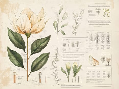 A detailed botanical illustration showcases a large magnolia flower alongside sketches of its anatomy and growth stages, set on vintage, aged paper with handwritten notes.