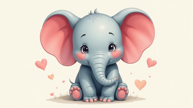 A charming baby elephant sits playfully among soft pastel hearts, radiating joy and innocence, creating a delightful atmosphere that captures the heart.