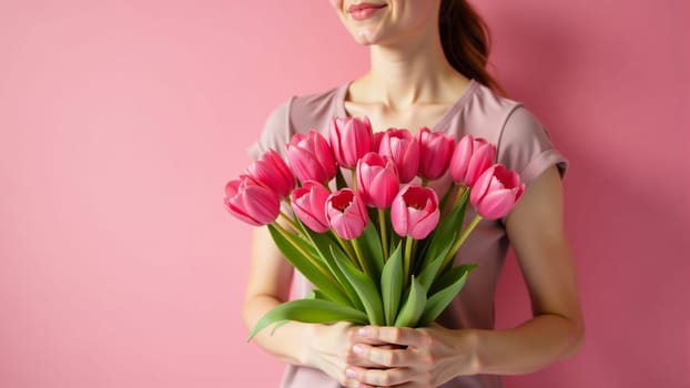 Embracing the beauty of spring, a woman joyfully presents a bouquet of pink tulips, radiating warmth and happiness. The pastel pink background enhances the charm of the moment.