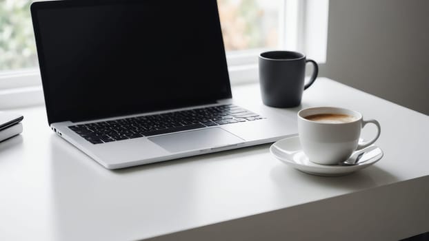 A sleek laptop rests on a minimalistic table beside a steaming cup of coffee and a small mug, creating a serene atmosphere perfect for productive mornings, accompanied by soft natural light.