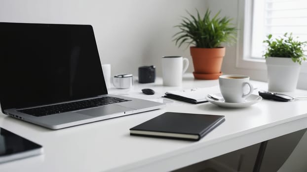 A sleek laptop rests on a minimalistic table beside a steaming cup of coffee and a small mug, creating a serene atmosphere perfect for productive mornings, accompanied by soft natural light.