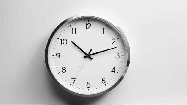 A sleek, minimalist clock hangs on a pristine white wall, its black hands pointing to three o'clock, symbolizing tranquility and the beauty of simplicity in design.