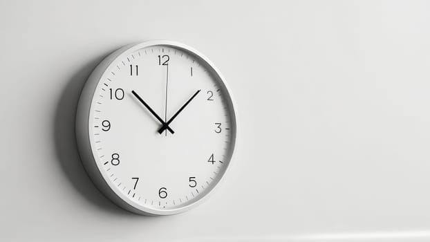 A sleek, minimalist clock hangs on a pristine white wall, its black hands pointing to three o'clock, symbolizing tranquility and the beauty of simplicity in design.