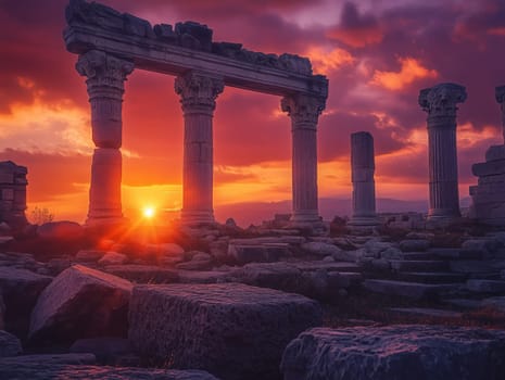 A breathtaking view of ancient ruins with towering stone columns silhouetted against a vibrant sunset, creating a dramatic and timeless scene filled with history and beauty.