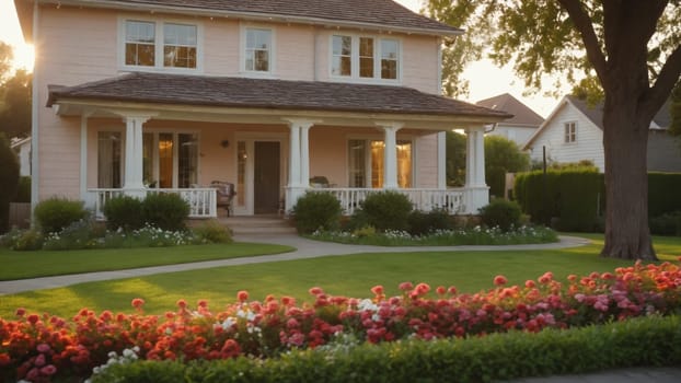 A quaint country house stands proudly, framed by vibrant flower beds as the sun sets, casting a warm glow on the manicured lawn and inviting atmosphere of the neighborhood.