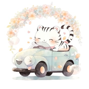 A joyful tiger cub sits in a light blue car, beaming with happiness as it drives through a whimsical spring landscape adorned with soft flowers and petals.