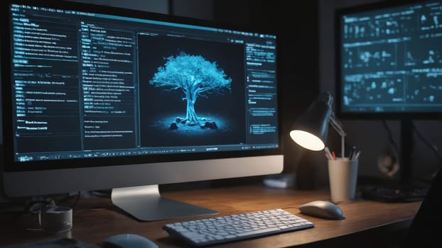 A creative workspace is illuminated by a desk lamp, featuring dual computer screens displaying codes and a vibrant blue tree, emphasizing the fusion of technology and art in a cozy environment.