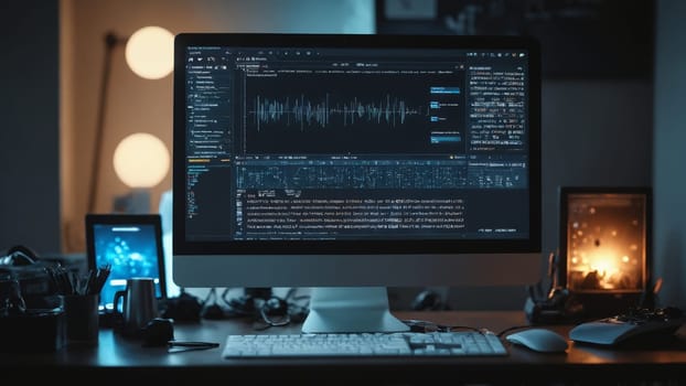 A creative workspace is illuminated by a desk lamp, featuring dual computer screens displaying codes and a vibrant blue tree, emphasizing the fusion of technology and art in a cozy environment.