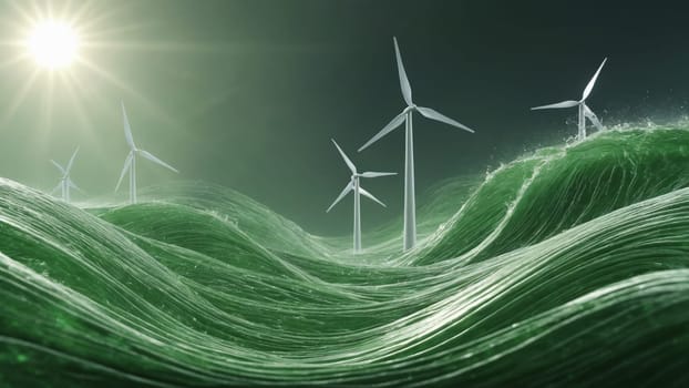Gentle waves undulate under a twilight sky, illuminated in green hues, while wind turbines stand tall in the background, symbolizing sustainable energy and harmony with nature.