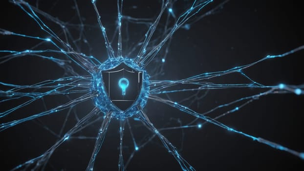 A luminous network of interconnected lines radiates outward, with a central shield icon emitting a blue light that represents the essence of cybersecurity and protection in the digital realm.