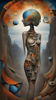 Surreal illustration showing a woman merging with a cityscape, her head resembling a planet, conveying the interconnectedness of humanity, nature, and urban life