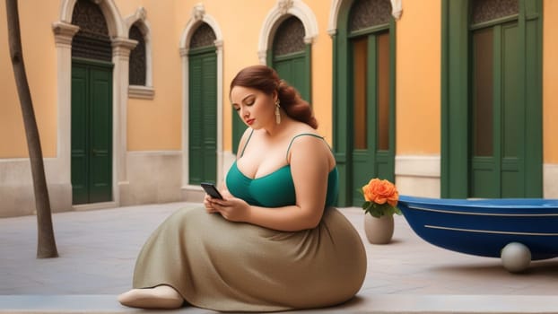 Curvy woman is sitting in a courtyard with venetian architecture, holding a smartphone in her hands and looking at the screen