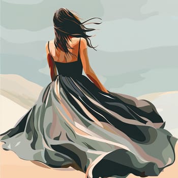 A woman dressed in a long black gown stands on sandy dunes, her hair blowing in the wind as she looks out towards the horizon, surrounded by a serene landscape.