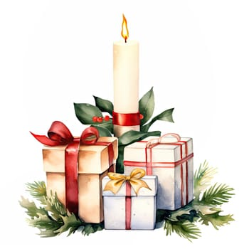 A charming holiday display showcases beautifully wrapped gift boxes with ribbons, surrounded by lush greenery and a lit candle at the center, evoking a warm festive spirit.