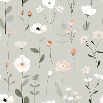 Delicate flowers bloom across a muted gray backdrop, showcasing various types in soft shades of white and peach. This pattern adds a fresh, inviting touch to any decor.