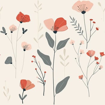 A vibrant floral design showcases various red and pink flowers interspersed with green leaves on a soft beige backdrop, capturing the essence of spring.