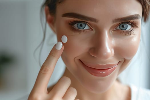 Smiling woman holding contact lens on finger, ready to apply, against bright backdrop