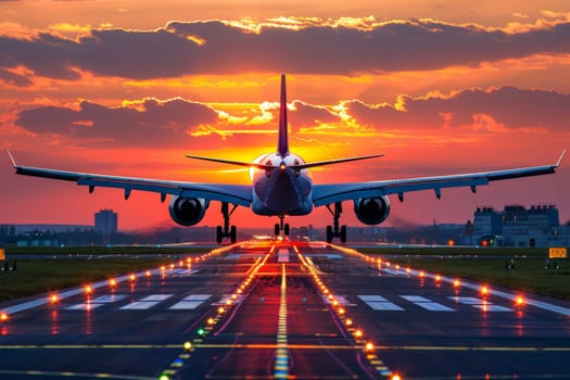 Airplane landing in radiant sunset sky with expansive space for adding your own text