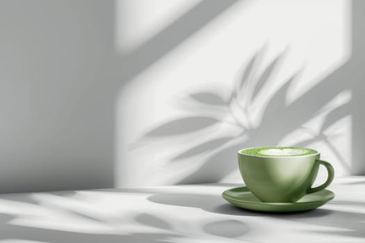 Green matcha latte with whipped foam in clear cup on light background with copy space, side view