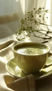 Green matcha latte with whipped foam in clear cup, side view on light background with copy space