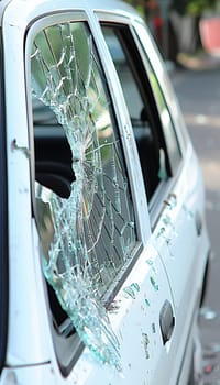 Close up of a car windshield with visible cracks and shattered glass, showing damage in detail