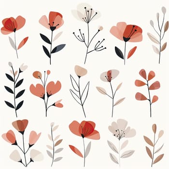 This artwork displays a variety of stylized flowers in shades of red, pink, and beige arranged harmoniously against a pale background, emphasizing contemporary artistic flair.