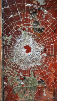 Detailed view of a damaged car windshield with visible cracks and shattered glass