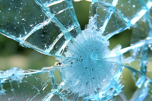 Close up of a car windshield with visible cracks and shattered glass, showing extensive damage