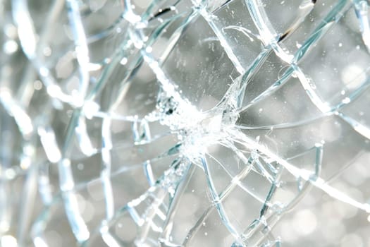 Detailed view of car windshield with visible cracks and shattered glass, showcasing damage
