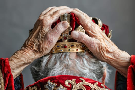 Senior woman crowning man with a regal touch, close up with plain background for text, rear view