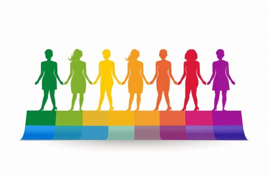Vibrant rainbow silhouette of person against grey silhouettes on white background