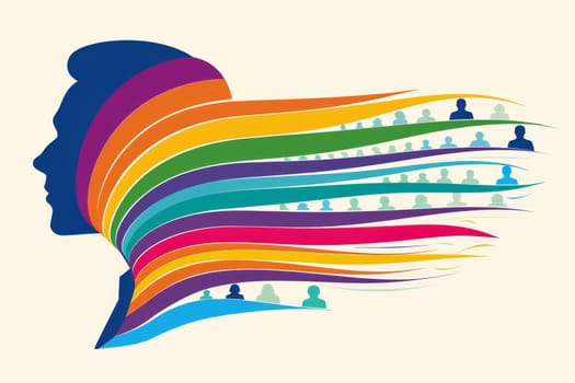 Vibrant rainbow silhouette of person against grey silhouettes on white background