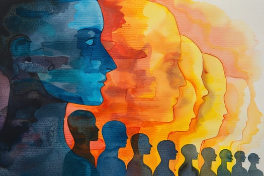 Vibrant rainbow silhouette of figure with grey outlines of people on white background