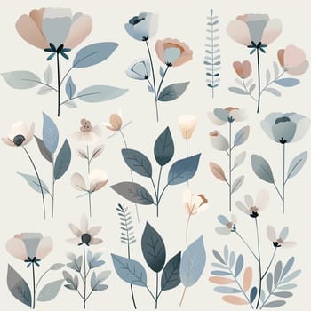 This display showcases a variety of floral illustrations with soft colors and delicate details, featuring different flowers and leafy elements in an artistic arrangement.