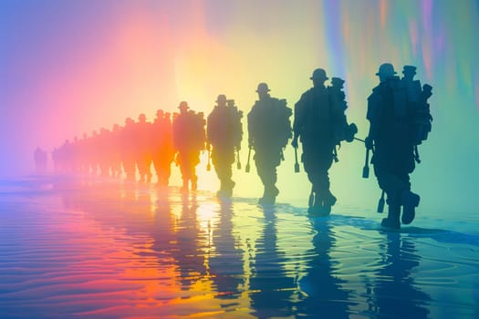 Vibrant rainbow silhouette of person in foreground with grey silhouettes in background on white