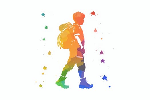 Vibrant rainbow silhouette of person against grey silhouettes on white background