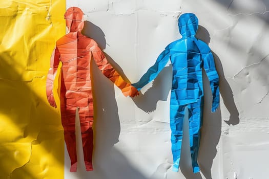 Vibrant rainbow and grey silhouettes symbolically united, holding hands on white background