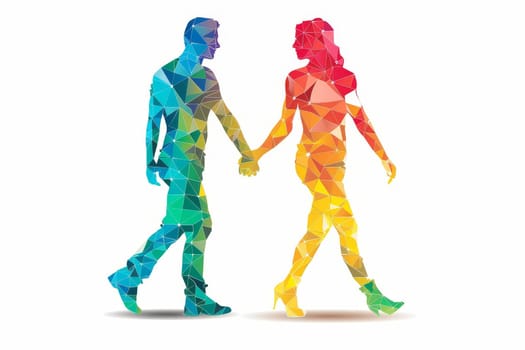 Vibrant rainbow and monochrome silhouettes holding hands against white background