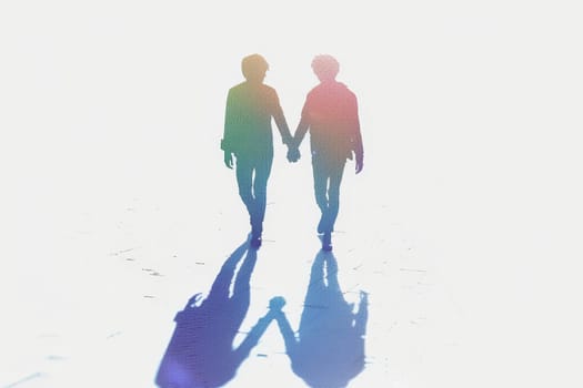 Vibrant rainbow and subtle grey silhouettes holding hands in unity on white background