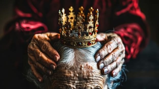 Senior woman crowning man symbolic gesture with hands on plain background, back view