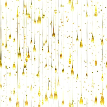 Delicate golden droplets hang gracefully from above, set against a pure white backdrop, showcasing a captivating visual display of elegance and beauty.