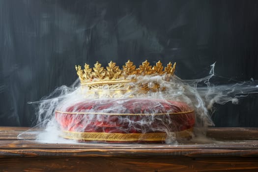 Dusty crown on red pillow with spider web, dark background copy space available