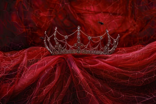 Dusty crown on red pillow with spider web, dark background, ample space for text placement