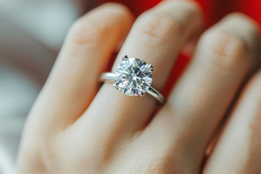 Elegant woman s hand with sparkling diamond ring on white background, copy space available